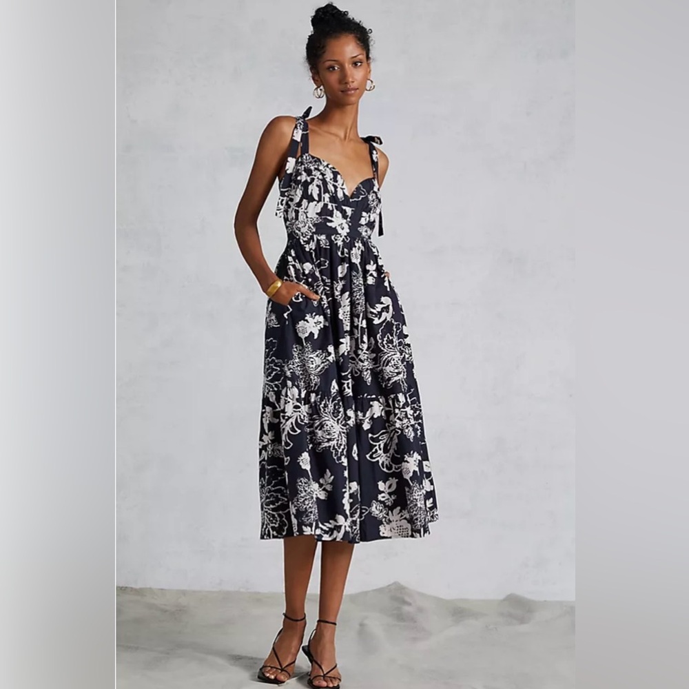 Anthropologie Tie-Shoulder Spring or Summer Navy Floral Midi Dress, pockets- NWT